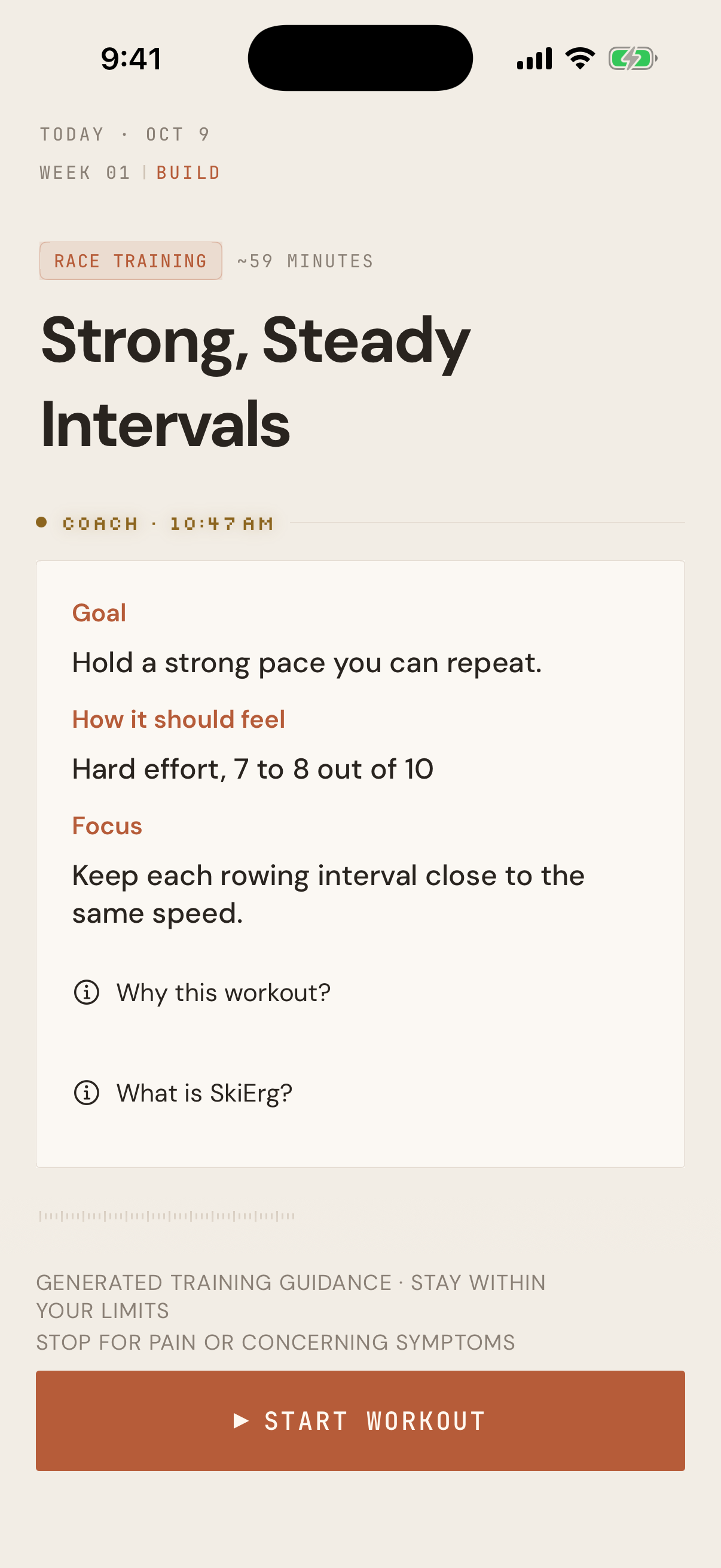 Example Today screen showing a workout called Strong, Steady Intervals with coach notes on the goal, how it should feel and the focus.